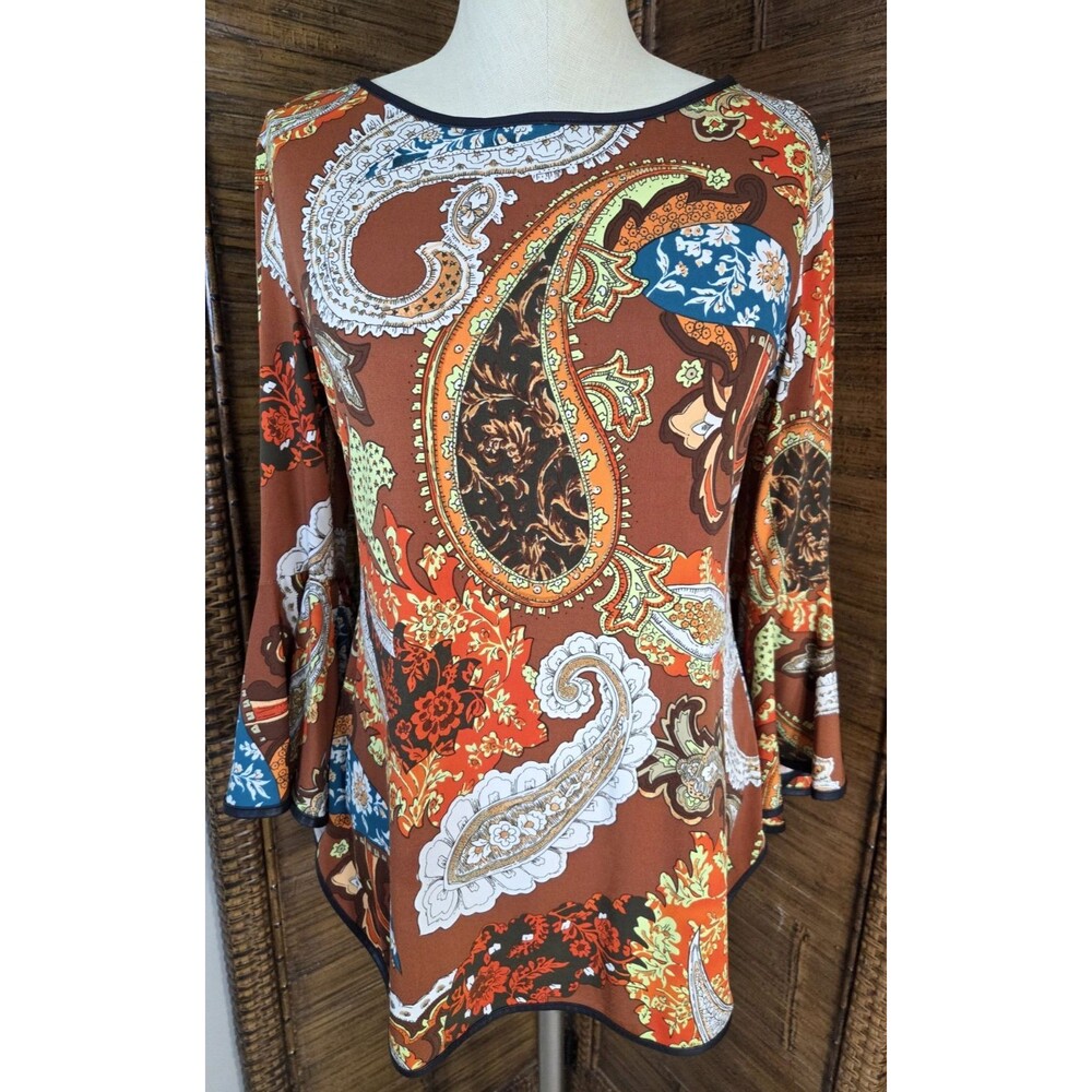 COCO Bianco Paisley Blouse Size Medium Flared Sleeve Fall Colors